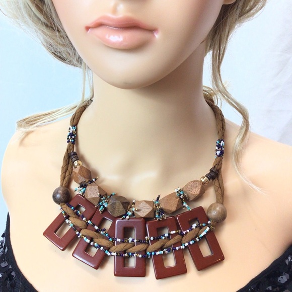 Est 1946 Potting Soil Brown Boho Wood Bead Choker Statement Necklace #C2 - Picture 5 of 7